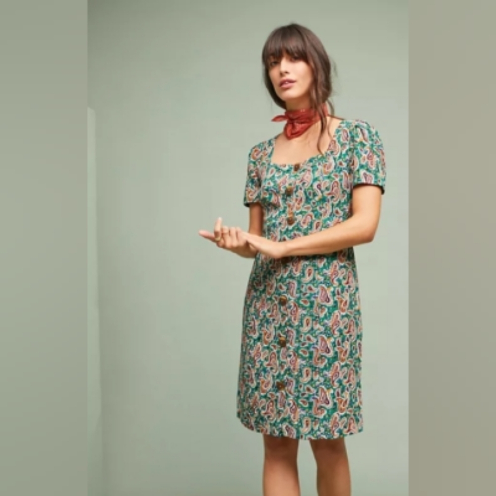 Size 2 Maeve Seventies Shift Dress - Green Paisley Short-Sleeve